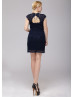 Navy Blue Lace Keyhole Back Short Mother Dress 